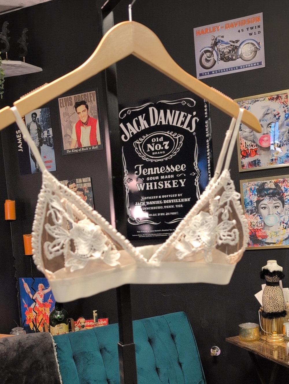 Cream Lace Triangle Bralette with Floral Appliqué